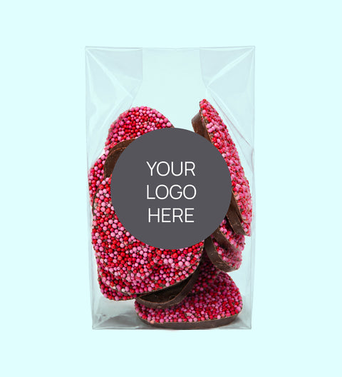 Pink and Red Hearts raspberries with corporate stand up bag personalised with logo or design.