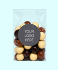 Mixed Chocolate raspberries with corporate stand up bag personalised with logo or design.
