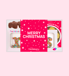 A festive Christmas-themed gift box containing various chocolate treats, including a 'Milk and Cookies for Santa' package, a 'Freckles for Santa' package, and other chocolate items, with a bright red background and 'Merry Christmas' greeting.