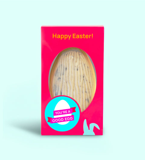 Belgian white chocolate cookies and cream Easter egg with pick your own Easter sticker