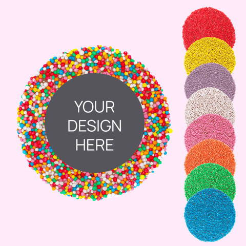 A custom product featuring a single round confectionery item with a colorful sprinkled border and a blank space in the center for a custom LOGO or design, displayed alongside a selection of other colored sprinkles.