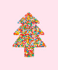 A Christmas tree-shaped chocolate covered in multicolored sprinkles.