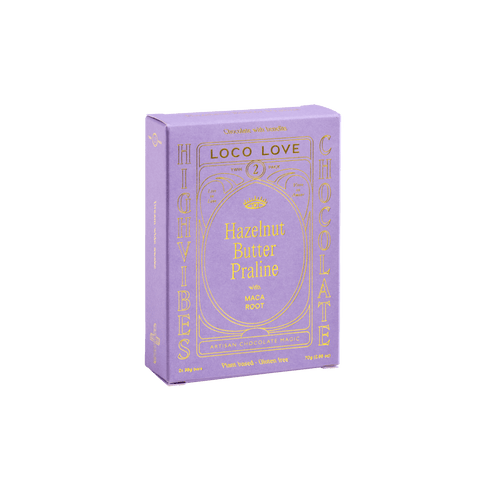 Purple packaging of Loco Love Hazelnut Butter Praline on a white background