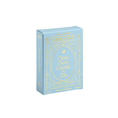 Blue box with gold text on a white background Loco Love - Classic Chewy Caramel