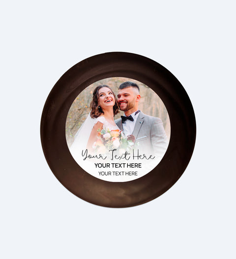 Personalized photo chocolate with a couple's wedding photo and customizable text. Corporate branding, valentines gifts, birthdays