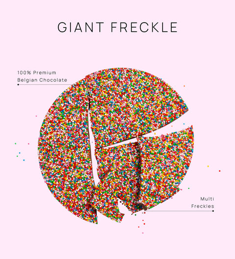 Giant chocolate freckle made with 100% belgian chocolate and freckles multi oloured. 