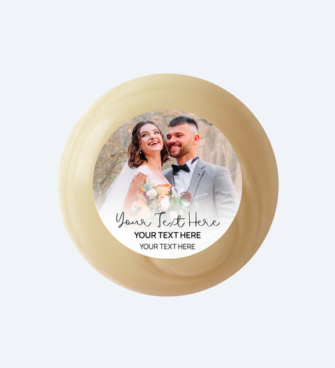 Personalized photo chocolate with a couple's wedding photo and customizable text. Corporate branding, valentines gifts, birthdays