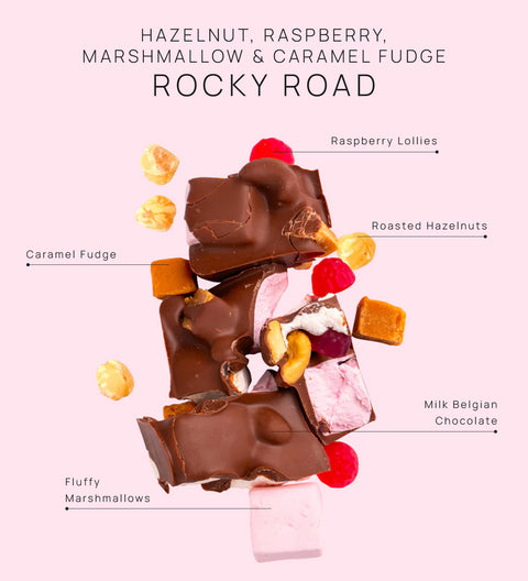 Rocky road with ingredients labeled on a white background. Gluten free Rocky road.