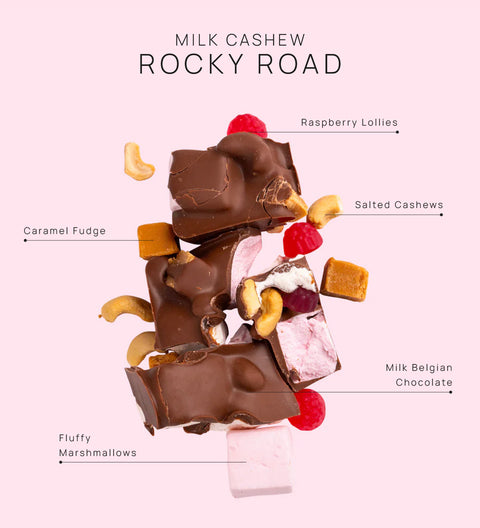 Milk cashew rocky road with labeled ingredients on a pink background
