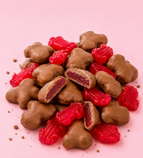 Chocolate-covered treats with red and brown colors on a pink background