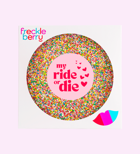Freckleberry chocolate freckle product with colorful sprinkles and 'my ride or die' text on a white background