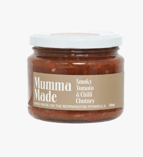 Jar of Mumma Made smoky tomato and chilli chutney on a white background