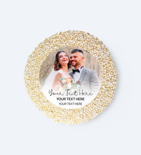 Personalized photo chocolate with a couple's wedding photo and customizable text. Corporate branding, valentines gifts, birthdays