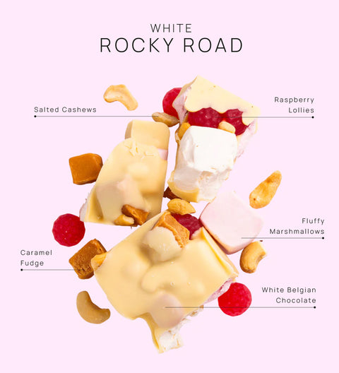 White rocky road with fudge, cashews, raspberries and marshmellows