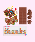 A fun and uplifting selection of Belgian chocolates, perfect for celebrating someone special and making them smile. Including a milk chocolate message block, fun rocky road, a milk freckle grab bag, mallow pop, and a freckle word that spells 'thanks'.